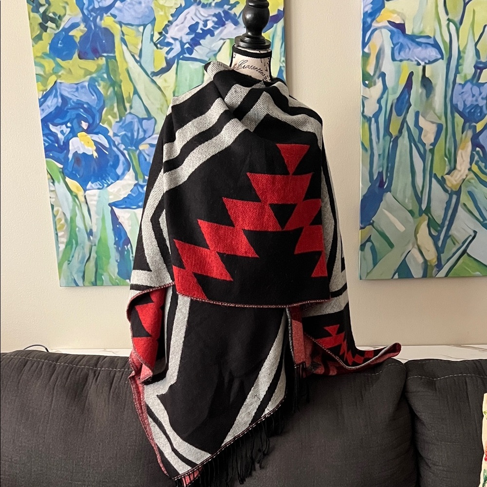 Express Geometric Red and Black Poncho